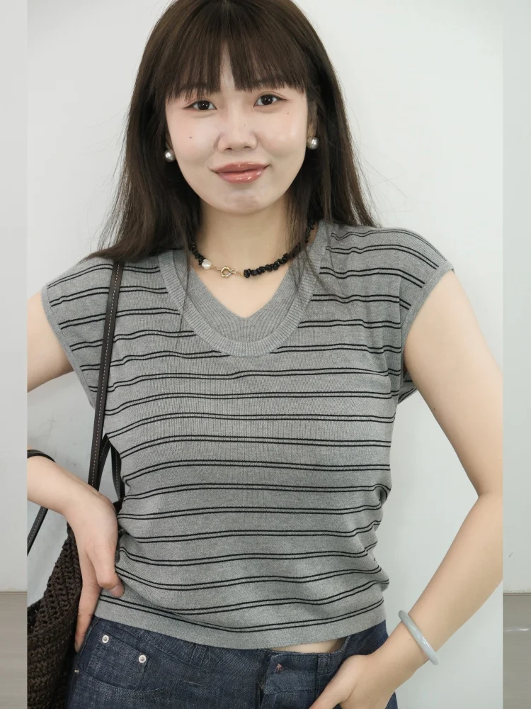 

Женская трикотажная футболка LADYXIEXIE52 88 с коротким рукавом, двойным U-образным вырезом, в полоску, тонкая, с эффектом льна, летний топ для повседневной носки