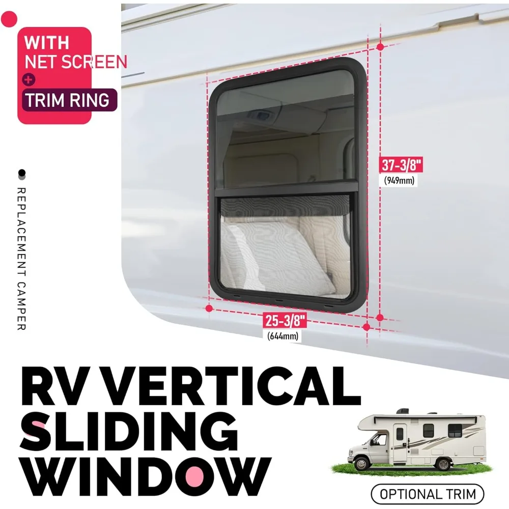 24 Wide x 36 High Vertical Slide RV Window Replacement with Screen for Cargo, Travel Trailer, and Camper