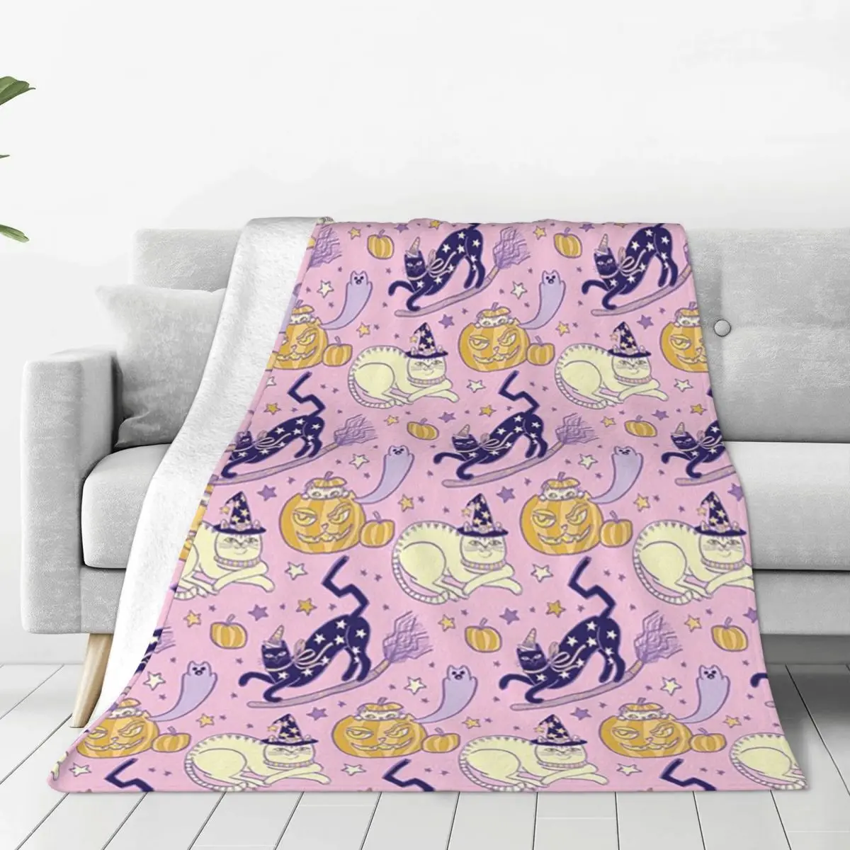 

Halloween Pumpkin Ghost Cats Blanket Soft Warm Flannel Throw Blanket Bedspread for Bed Living room Picnic Travel Home Couch
