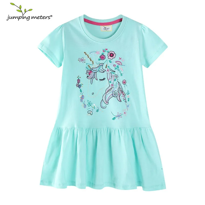 

Jumping Meters 2-7T Buttons Summer Girls Dresses Goose Embroidery Short Sleeve Birthday Party Children's Clothes Toddler Wear