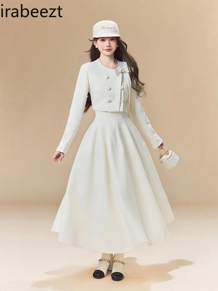 French Pearl Bow Breasted A-line Silhouette Long Skirt Fashion Set Retro Two-piece Women White Suit Women Blazer Set