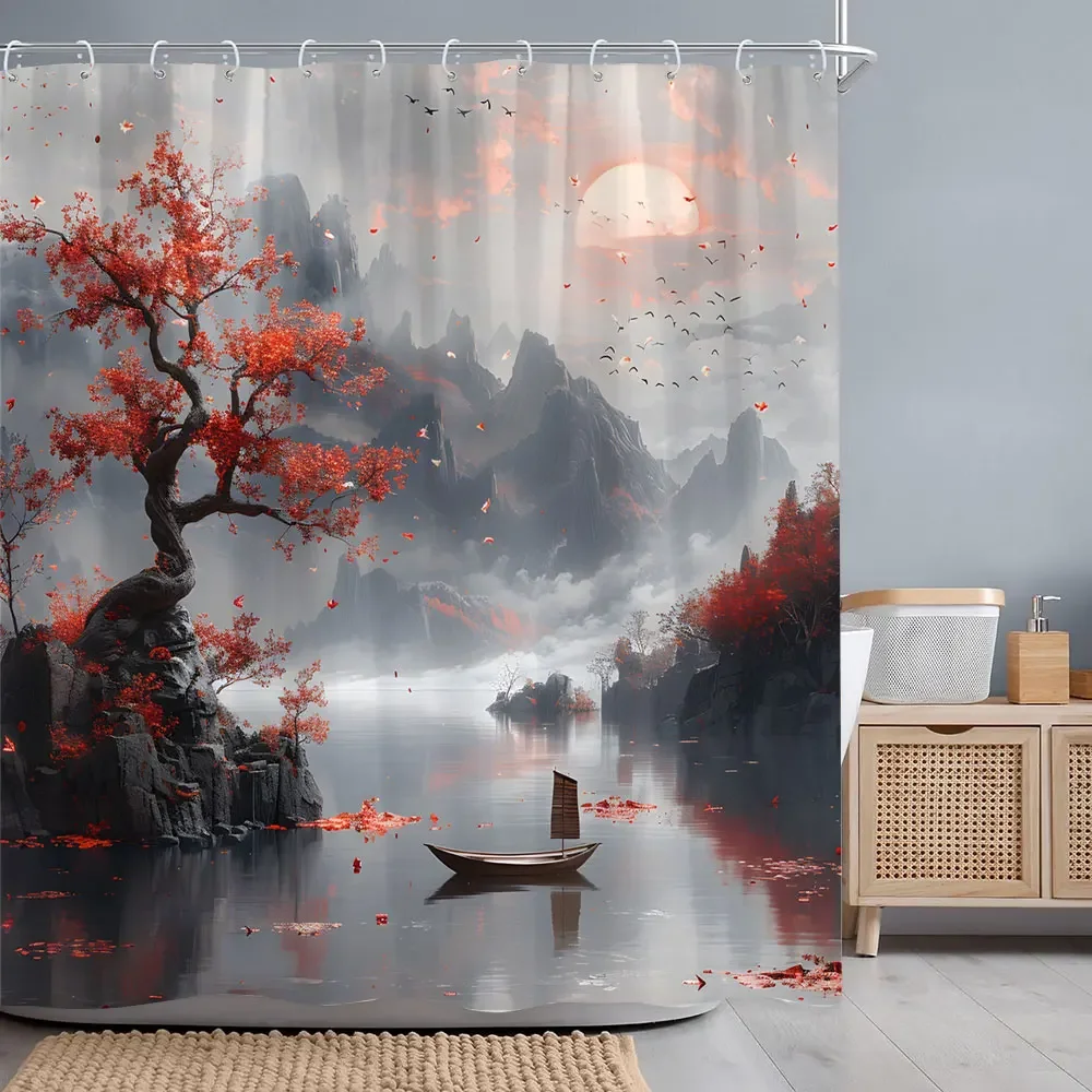 Japanese Red Cherry Blossom Seascape Shower Curtain Chinese Landscape Ink Painting Printed Fabric Shower Curtains Bathroom Decor