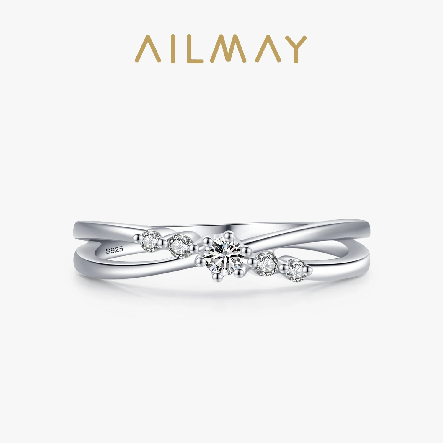 Ailmay Genuine 925 Sterling Silver Simple Staggered Line Stackable Charm Finger Ring For Women Girls Party Accessories Jewelry