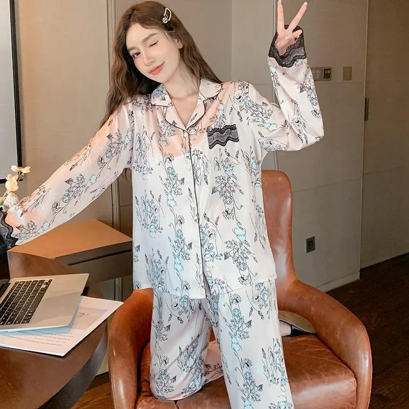 2024 Spring Autumn New Women Pajamas Female High-Grade Lace Long Sleeve Ice Silk Nightclothes Suit Casual Comfortable Homewear