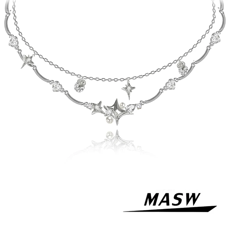 

MASW Original Design Delicate Style Thick Silver Plated Crystal Two Layer Chain Necklace For Girl Women Party Gfit Jewelry