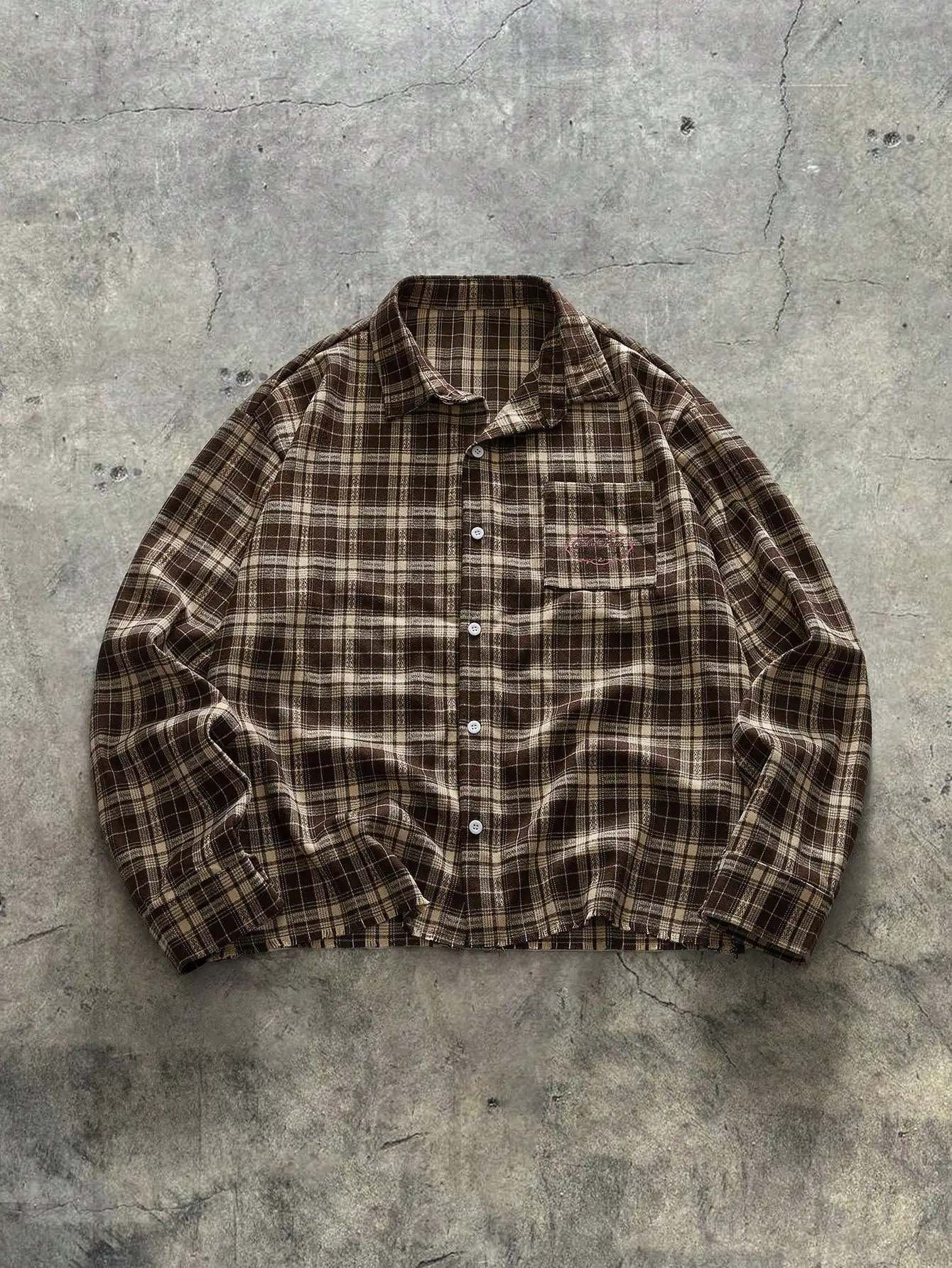 

Men's Brown Beige Plaid Long Sleeve Loose Casual Shirt with Embroidered Pocket