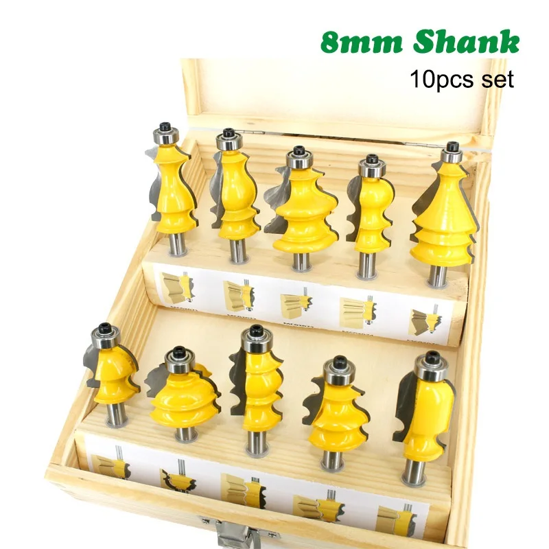 

10pcs 8mm Shank Architectural Molding Handrail Router Bits Set Casing Base CNC Line Woodworking Cutters Face Mill