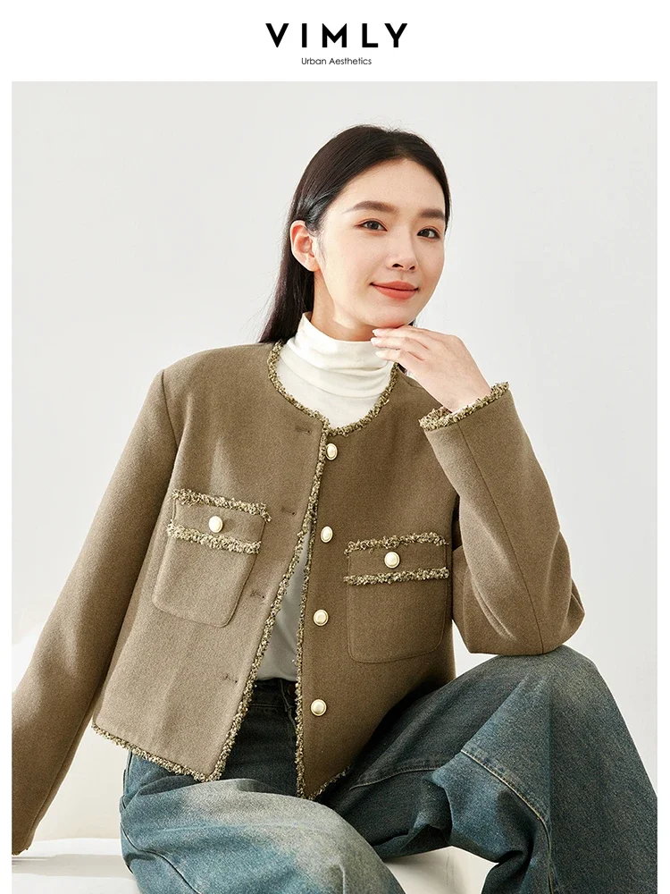 Vimly Apricot Elegant Cropped Tweed Jacket 2023 Winter Thick Warm Quilted Coat Female O-neck Tassel New in Outerwears M5639