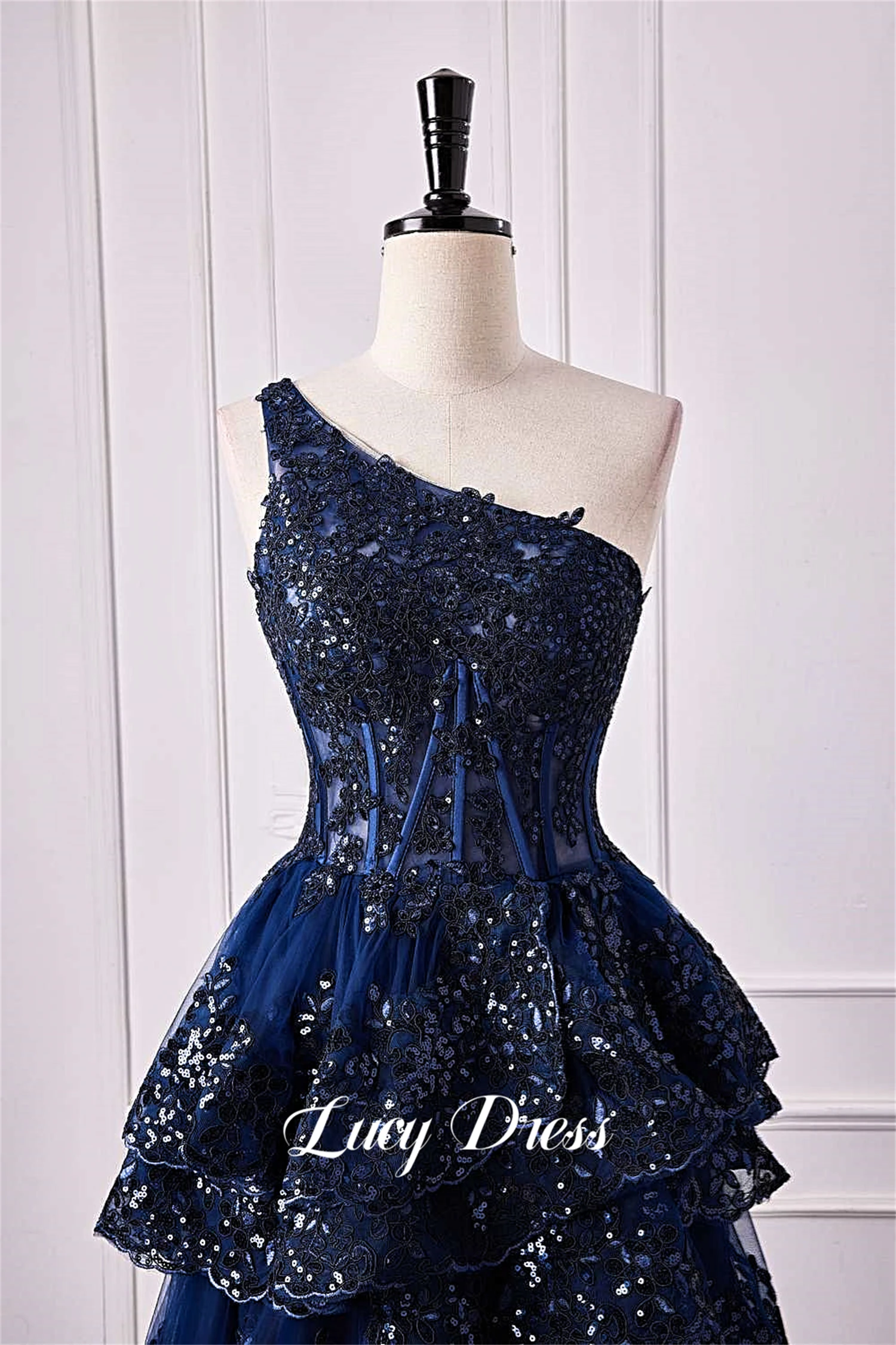 Graduation Gown Sparkly Lace Layered Ball Navy Blue Special Occasion Dresses for Formal Occasions Wedding Dress Customized Prom