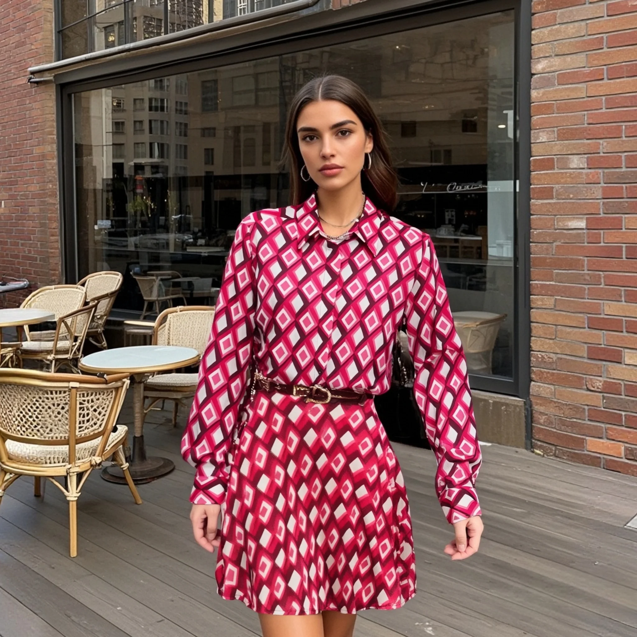 

2025 Ladies Two - piece Set with Long - sleeved Collared Blouse and Belted Skirt and Geometric Pattern for Office and Daily Wear