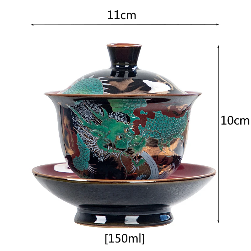 Chinese Green Dragon Gaiwan Wired Enamel Ceramic Jucai Tea Bowl Vintage Palace Style Kung Fu Tea Set Luxurious Business Gifts