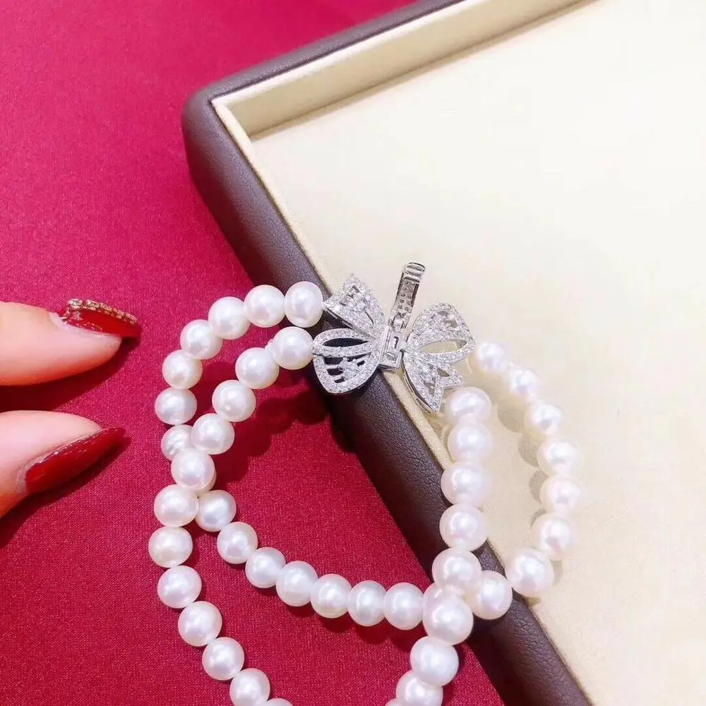 Hand knotted 2 row 8-9mm genuine white freshwater pearl bracelet micro inlay zircon butterfly accessories clasp 20cm