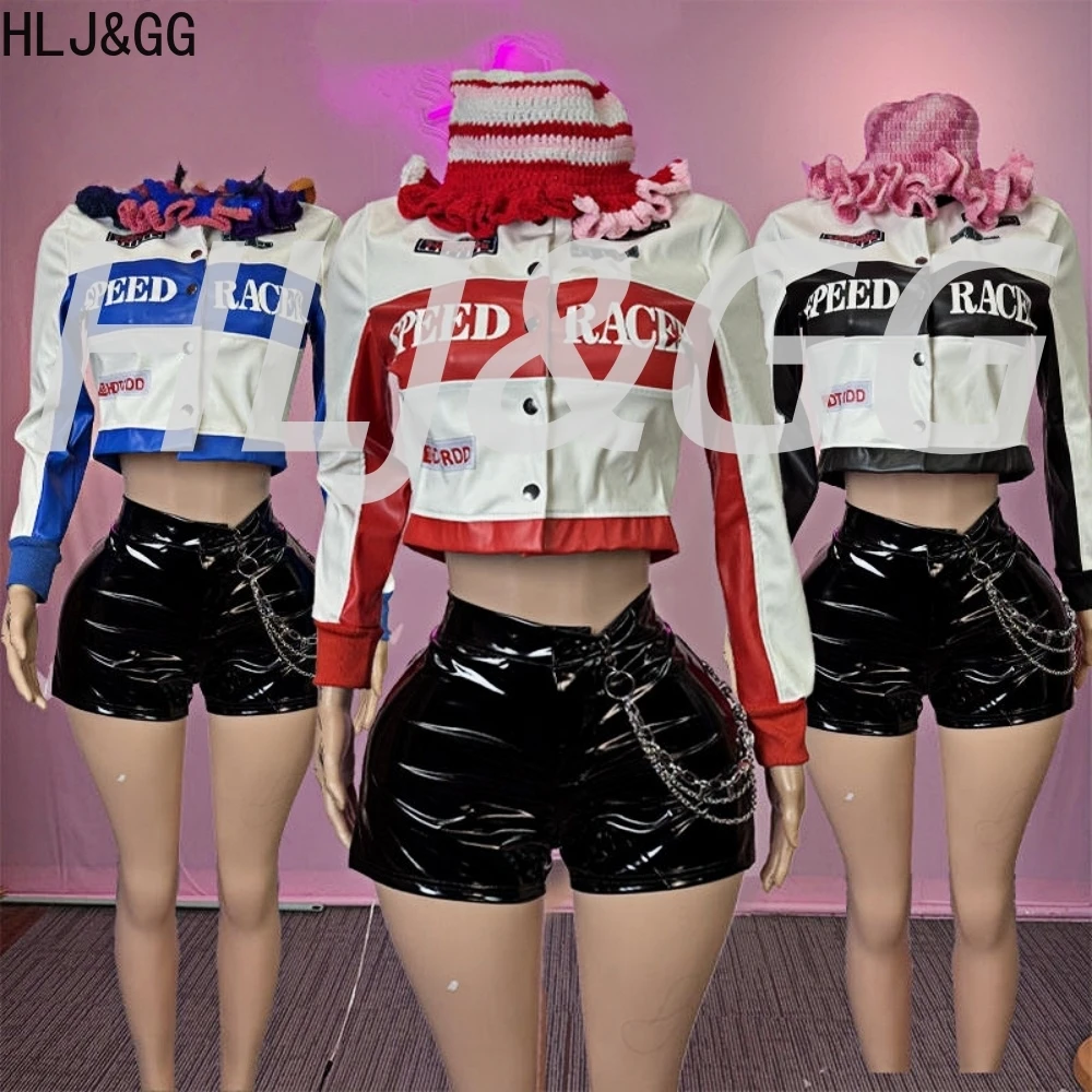 HLJ&GG Y2K Fashion Biker Leather Jacket Two Piece Sets Women Button Long Sleeve Crop Top And Shorts Outfit Autumn New Streetwear