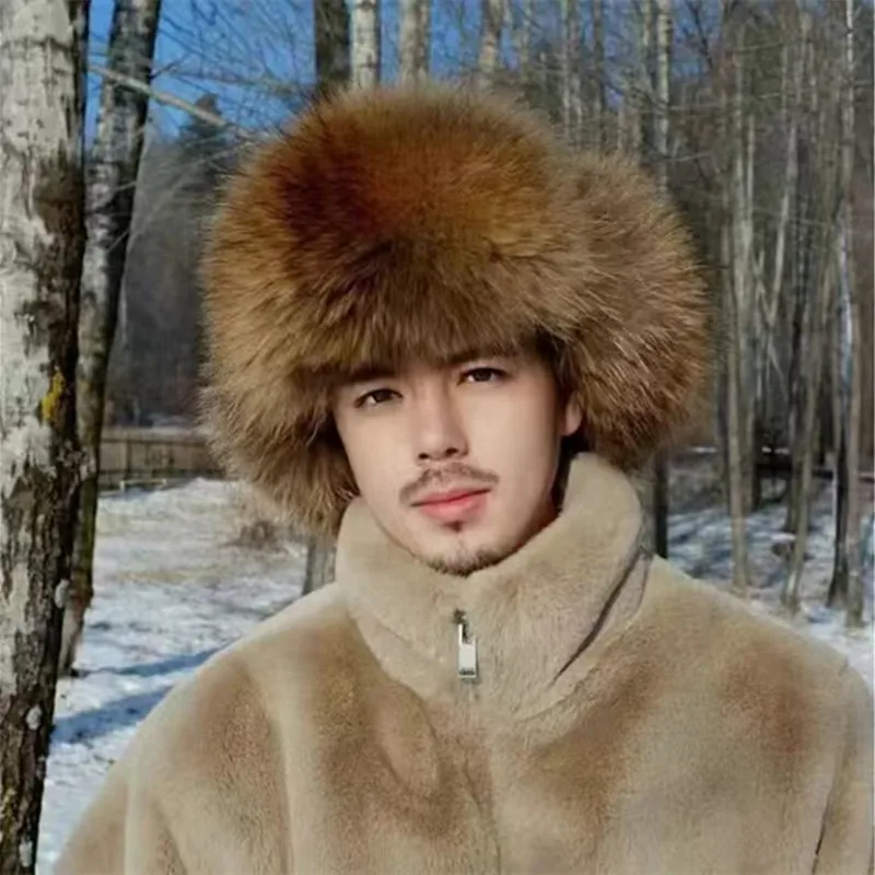 Fox Fur Lei Feng Hat Men Middle-aged Thick Raccoon Fur Winter Outdoor Trekking Hiking Travel Climbing Camping Snow Sport Fur Cap