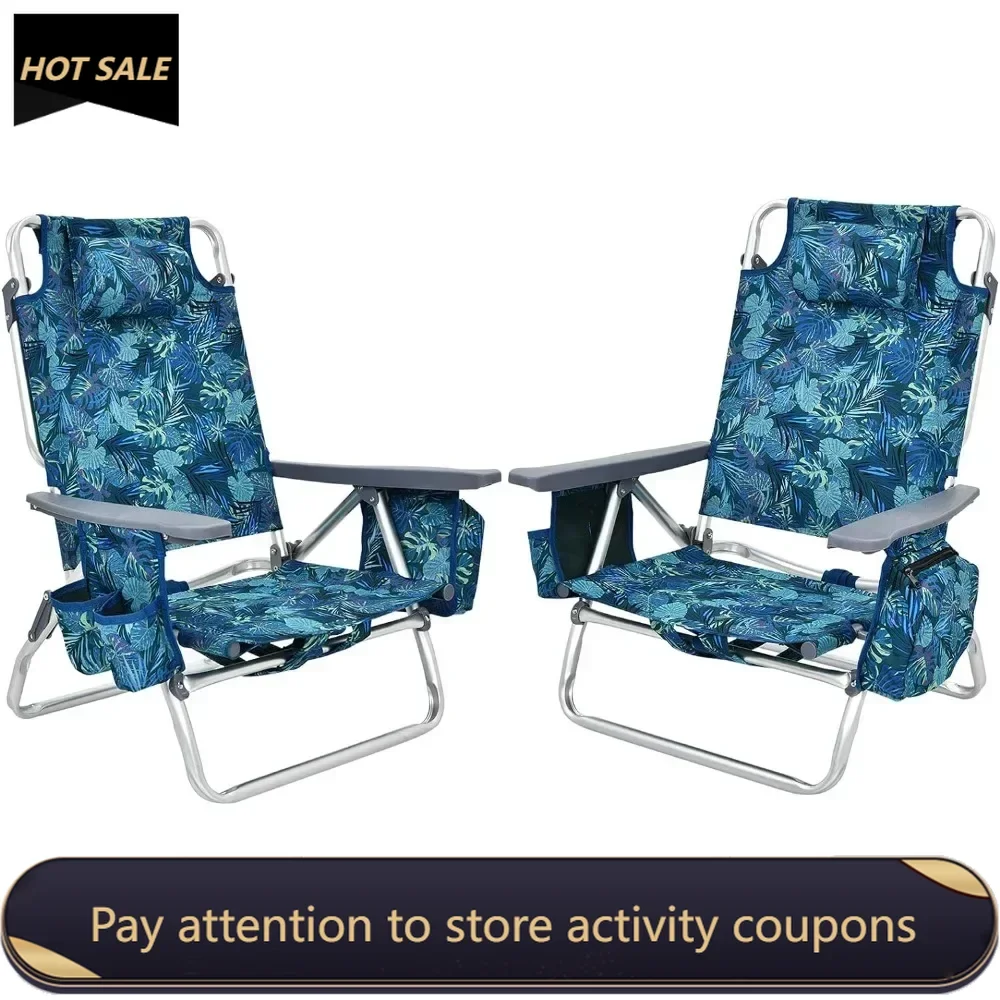 

Beach Chair 2-Pack Sling Camping Chair, Sunbathing Chairs with 5 Adjustable Position, Head Pillow, Storage Bag (2, Navy)