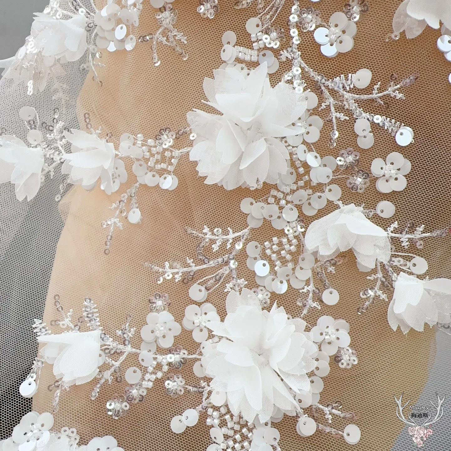1 Piece 39x73cm White Handmade three-dimensional flower lace Applique wedding dress accessories embroidery cloth stickers