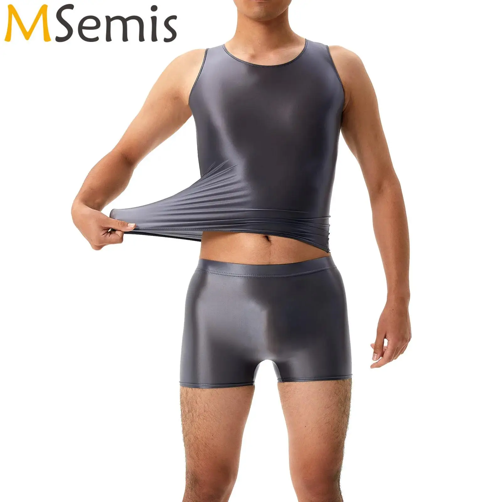 Mens Glossy Swimwear Set Sleeveless Round Neck Tank Top with Elastic Waistband Shorts Yoga Sports Training Fitness Swimsuit