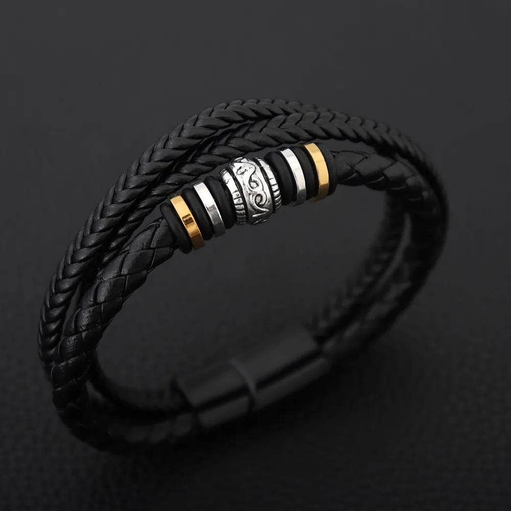 2024 Ethnic Jewelry Stainless Steel Bracelet Men\'s Multi-layer Hand Woven Leather Rope Magnetic Buckle Bracelet