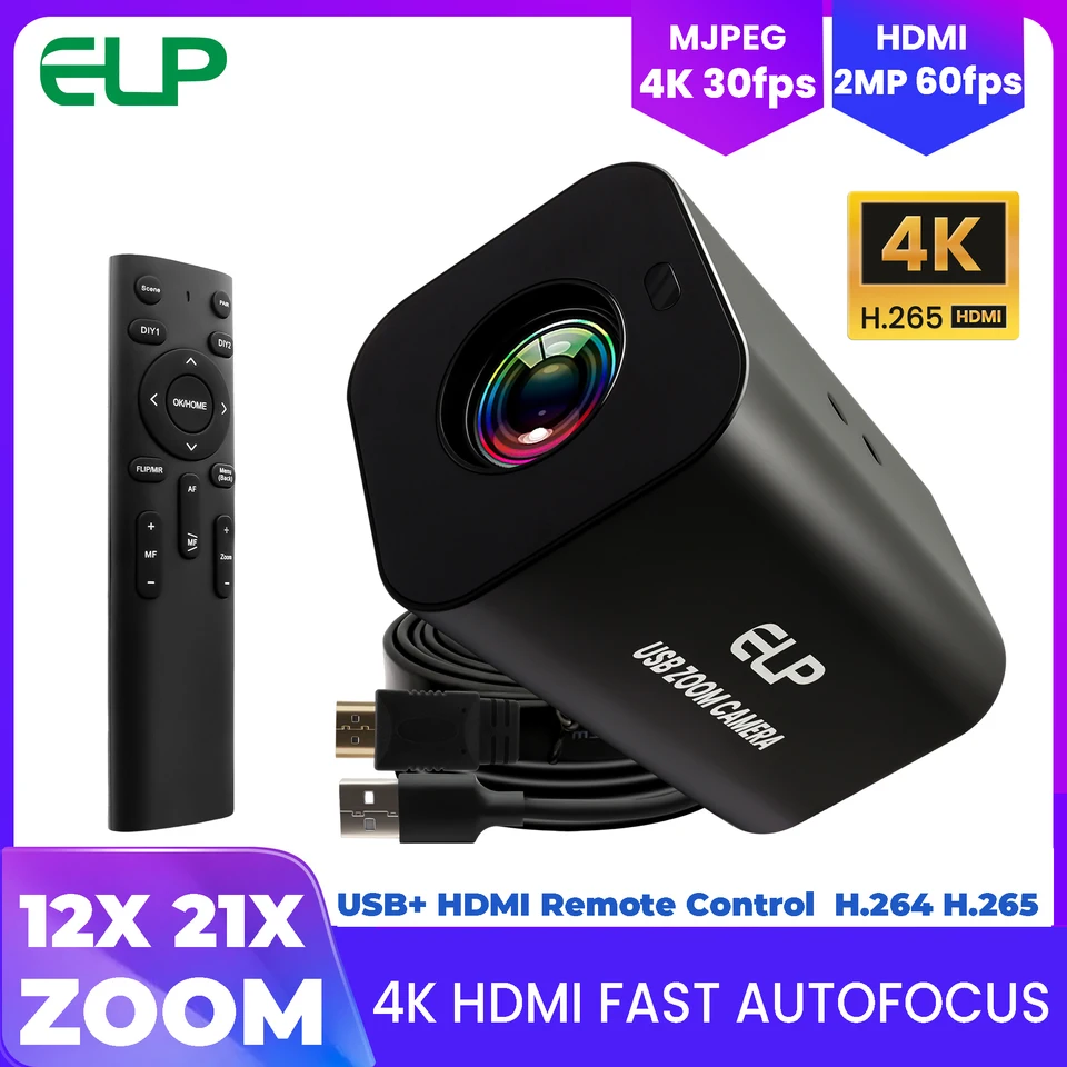 ELP 4K HDMI AF 21倍/12倍ズーム USBカメラ 4K 30fps 1080P 60fps 2.4G