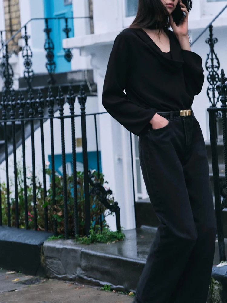 เสื้อเบลาส์ผู้หญิงคอตั้งทรงยาว แต่งระบายจีบเรียบง่าย สไตล์ใหม่รับฤดูใบไม้ผลิ