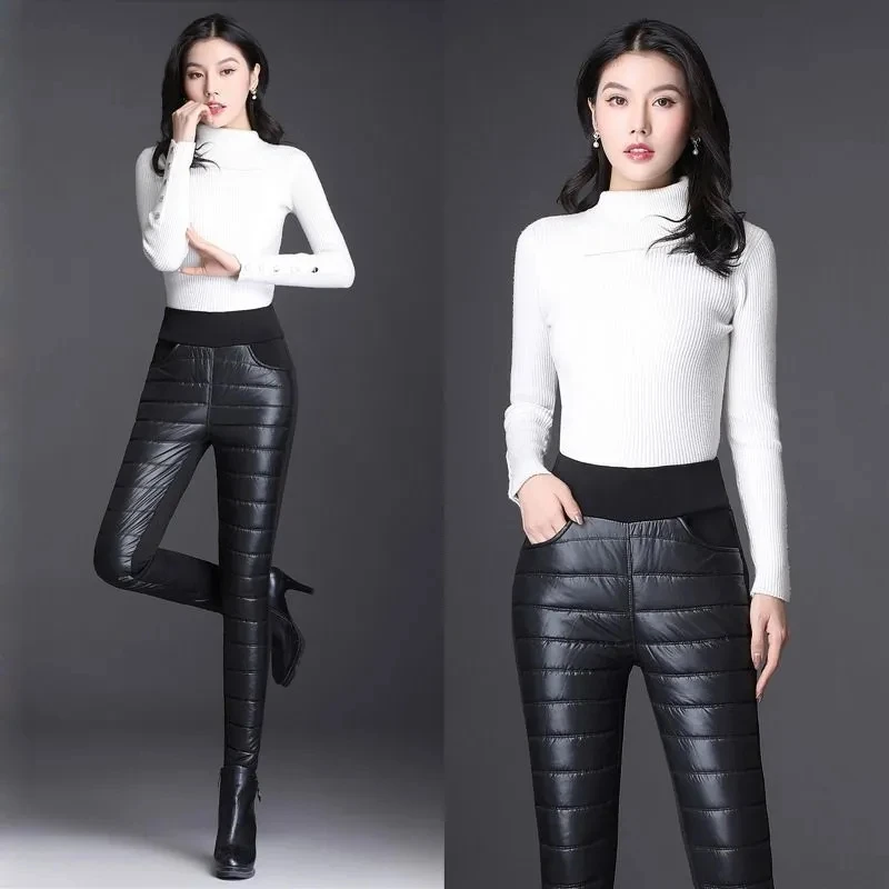 Women Warm Down Cotton Pencil Pants Patchwork High Waist Stretch Velvet Sweatpants Female Casual Skinny Snow Winter Trousers 6XL