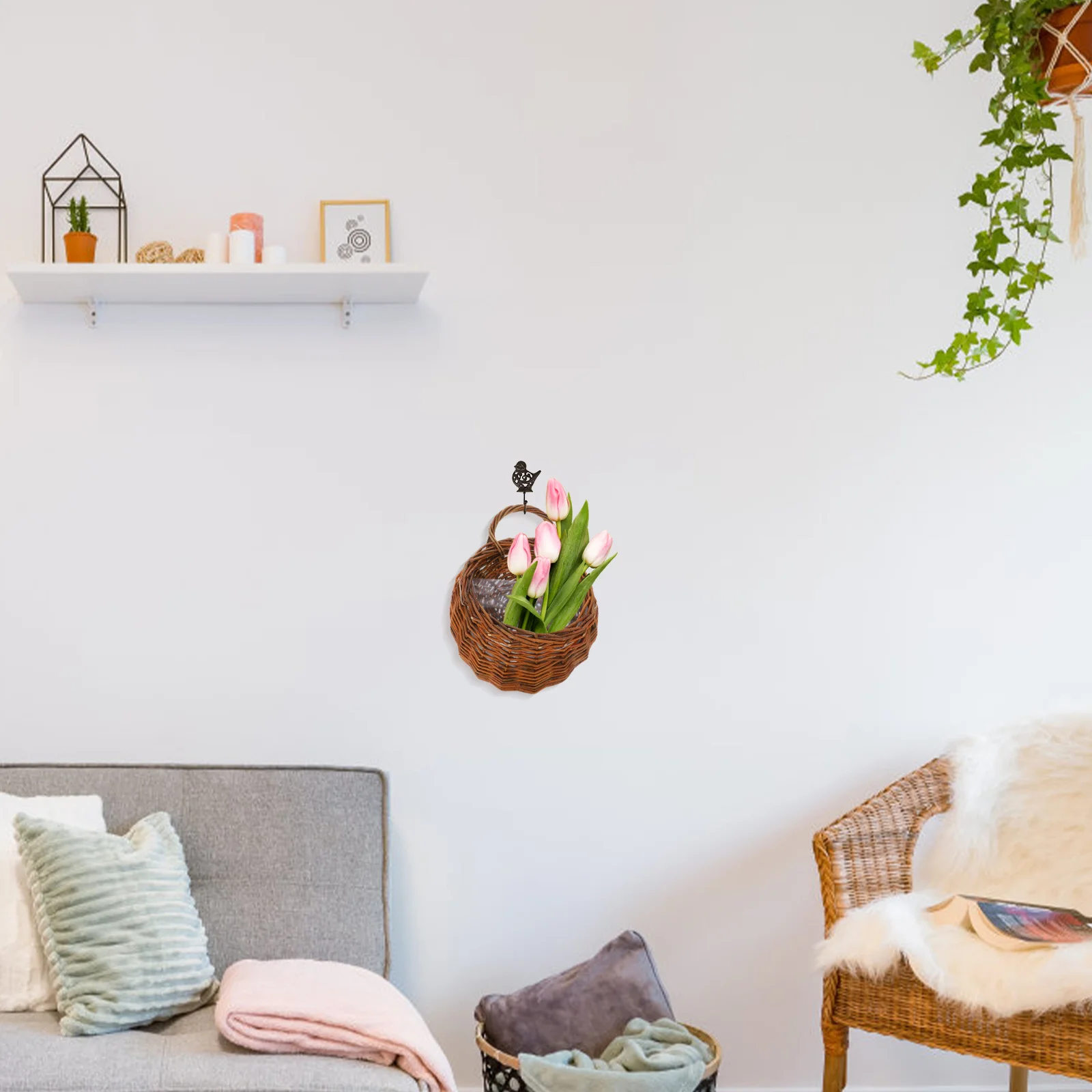 2 قطعة زهرة جدار الروطان معلقة حديقة زارع للديكور المنزل المنسوجة الزهرية سلة للزهور المجففة حاوية النبات