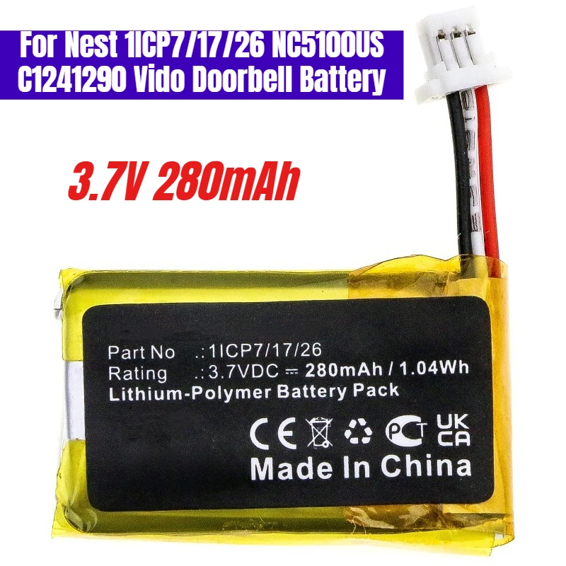 

3.7V 280mAh for Nest 1ICP7/17/26 NC5100US C1241290 Vido Doorbell Battery