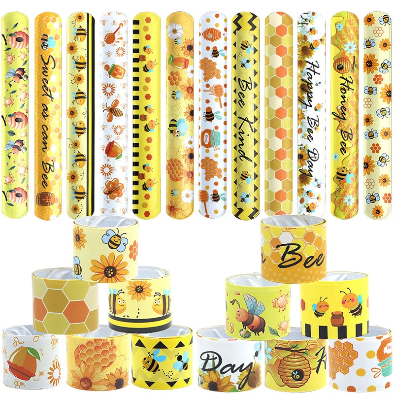 12pcs Cartoon Bee Slap Bracelets Bee Party Gifts For Kids Sunflower Bee Wristband Honey Honeycomb Bracelet Birthday Party Favors