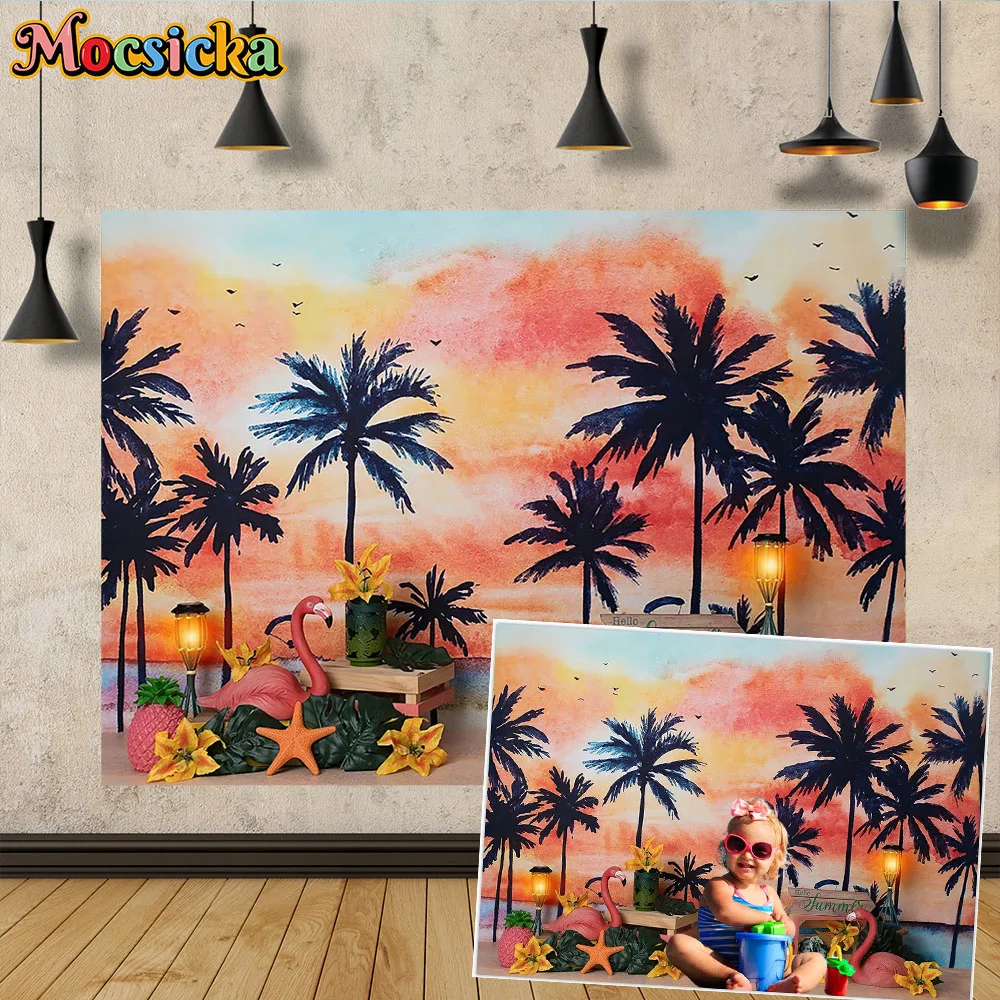 

Hello Flamingo Summer Holiday Party Backdorp Oil Painting Palm Tree Red Sunset Street Lamp Background Kid Studio Cake Smash Prop