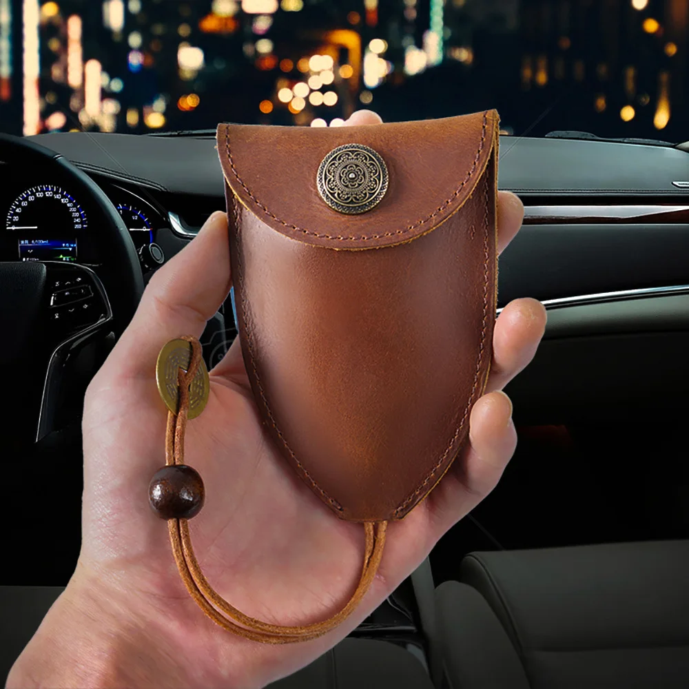 Mini Vintage Car Key Bag Cowhide Genuine Leather Key Card Holder With Rope For Men Women Hand-Pulled Pouch Storage Organizer