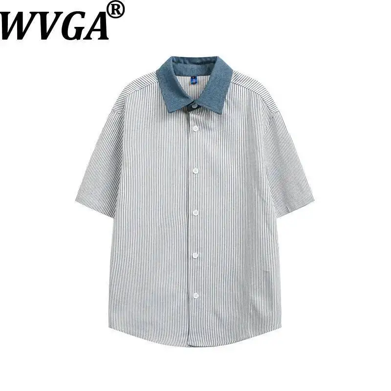 

WVGA Summer New Men's Color-Block Turn-Down Collar Trendy Short Sleeve Shirt Niche Chic Casual Striped Loose-Fit Tops Ins W24041