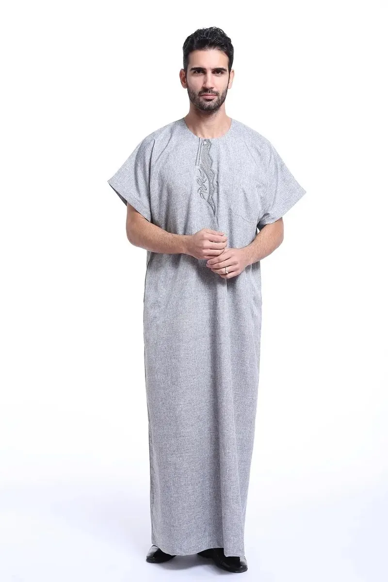 Islamska saudyjska szata Kaftan Thawb mężczyźni muzułmańskie wycięcie pod szyją haft dubaj długa abaja Ramadan Thobe Arabia sukienka z krótkim rękawem kaftan