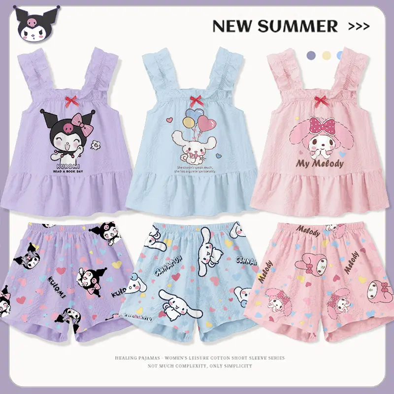 Sanrio My Melody Pajamas Set Cartoon Ice Silk Modal Suspender Set Girl Medium Big Kids Parent-child Home Clothes Two-piece Set