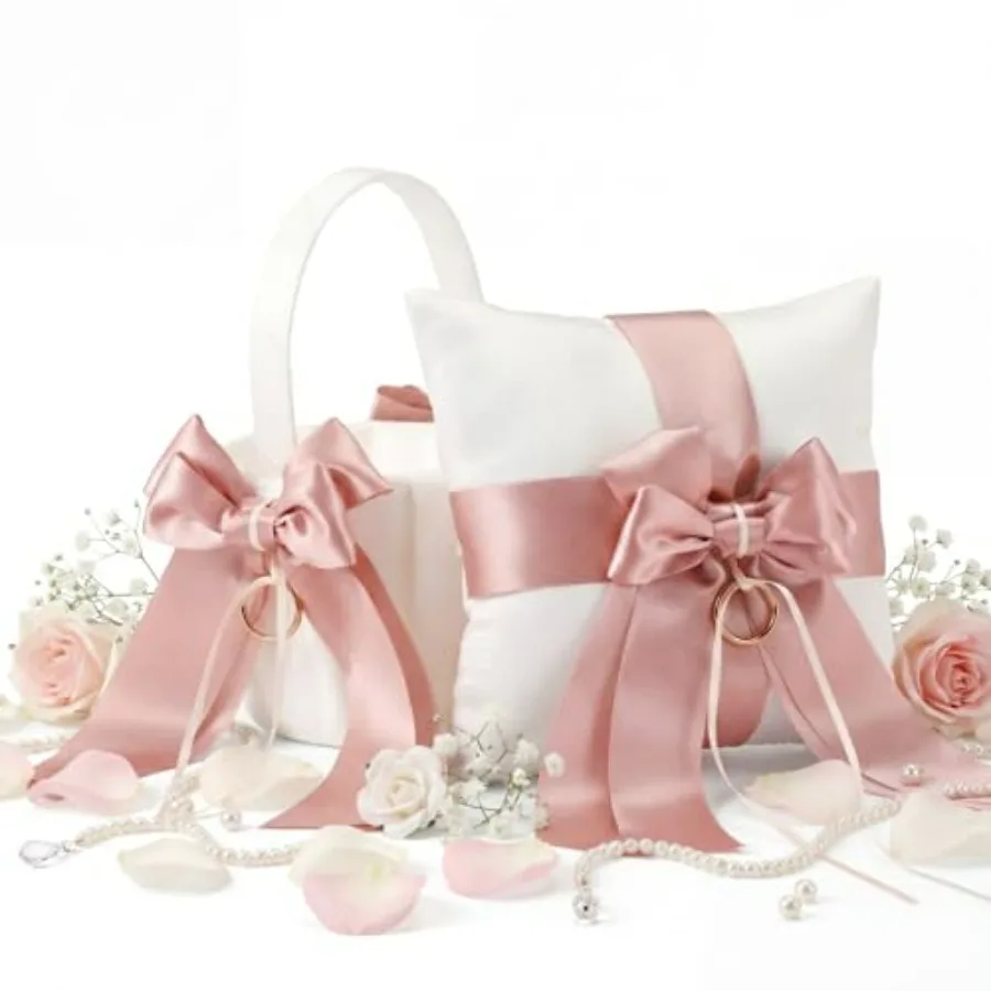 2 Pcs Flower Girl Baskets and Ring Bearer Pillow Set Pink Satin Bowknot Flower Baskets White Ring Bearer Pillow Ivory Satin Wed