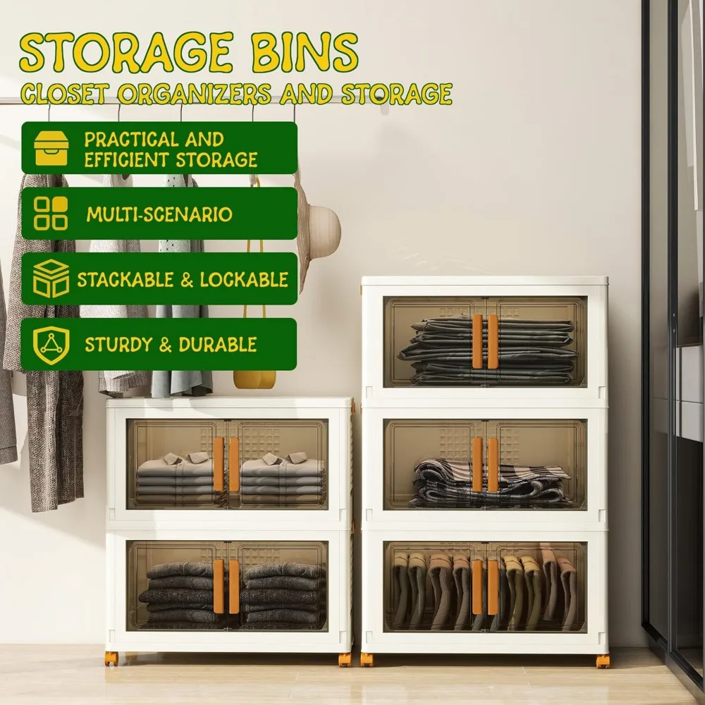 Duże, 3-poziomowe, plastikowe pojemniki do przechowywania z jednym wieczkiem, pojemność 95 kwart, składane, z kółkami do organizacji domu.