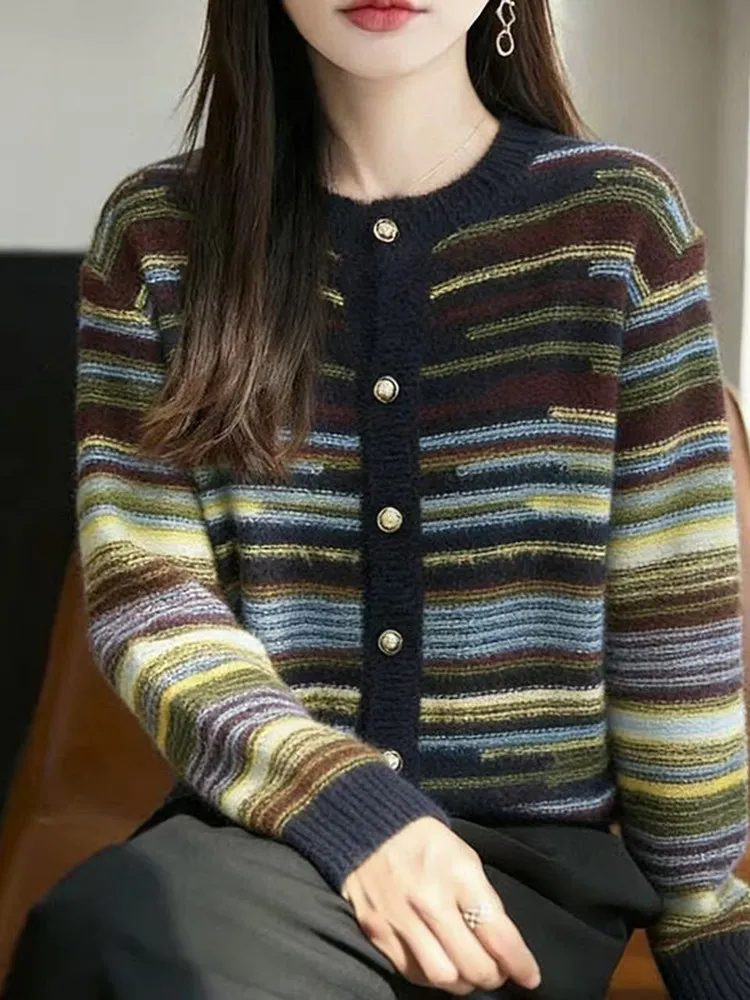 

Ретро-кардиган в полоску, вязаный, с круглым вырезом, на пуговицах, женский, антивозрастной, теплый базовый слой для ленивого образа