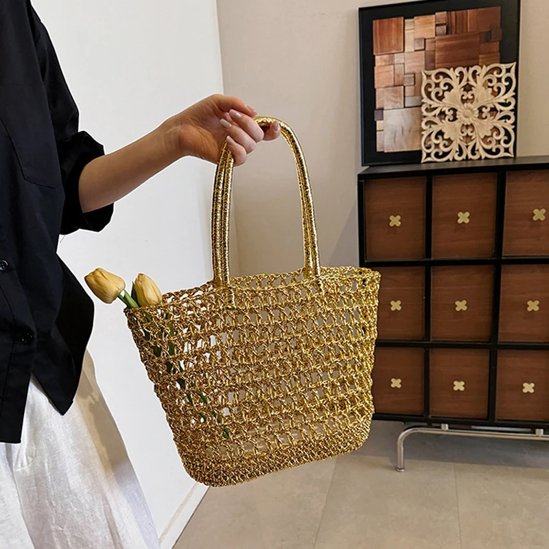 Goldene Hohlgeflechtte Shopper-Markttasche, Damen Casual Chic Strand- und Pendler-Tragetasche, Koreanische Bucket-Handtasche – Detail 8
