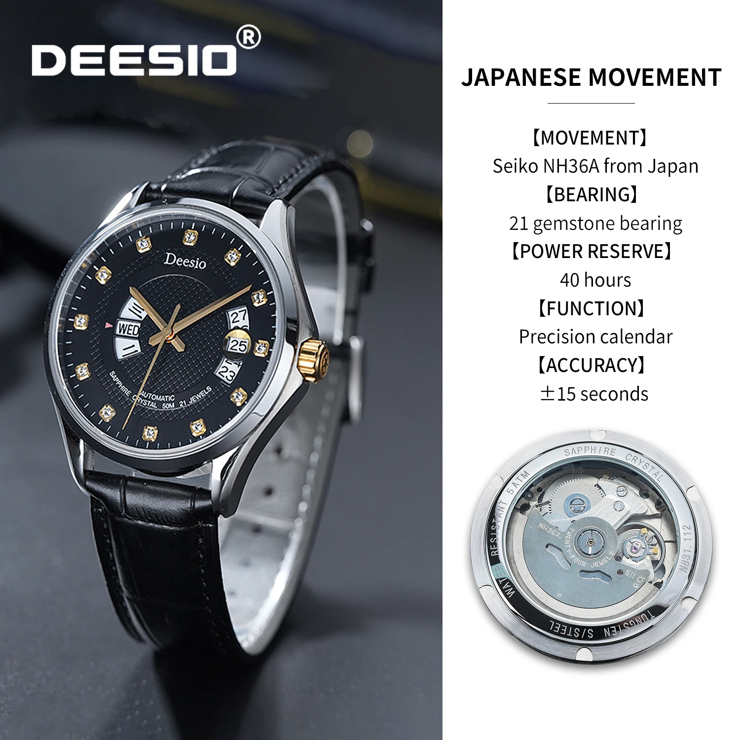 Deesio Men's Automatic Mechanical Watch Japanese Seiko Nh36- Movement