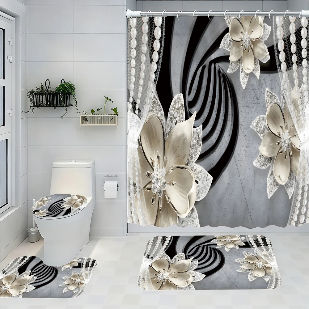 

4pc flower shower curtain, two-dimensional flat printing. Bathroom partition curtains, home decoration, modern home Windows