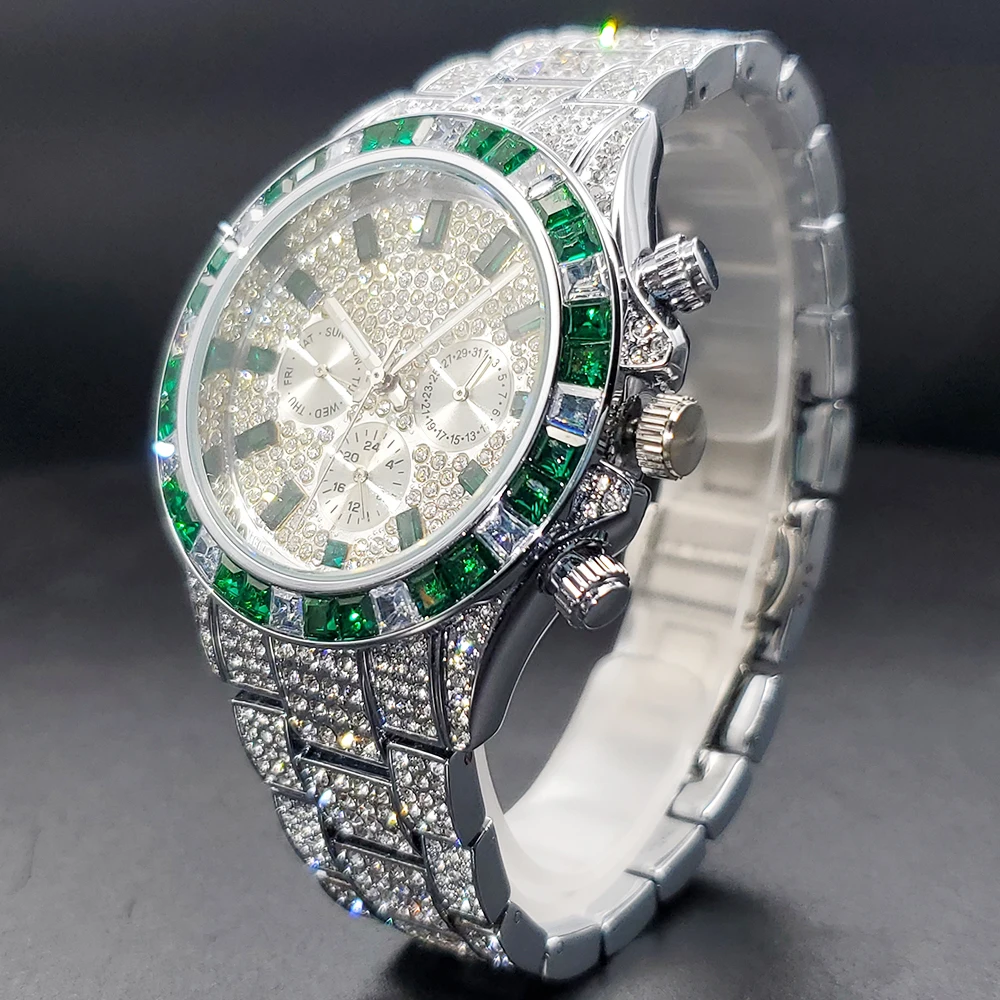 Montre à quartz verte pour homme, montres-bracelets entièrement glacées, affichage de la semaine du calendrier, diamant, Hip Hop, luxe