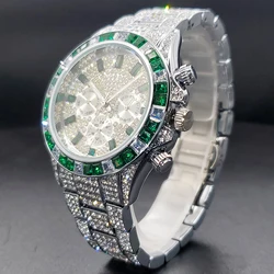 Green Quartz Watch For Men Calendar Week Display Hour Men's Wristwatches Full Ice Out Diamond Luxury Hip Hop Watches For Male