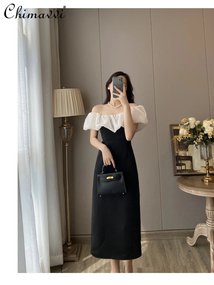 

French Retro Hepburn Style off Shoulder Puff Sleeves Stitching High Waist Slim Fit Straight Elegant Socialite Long Dress Women