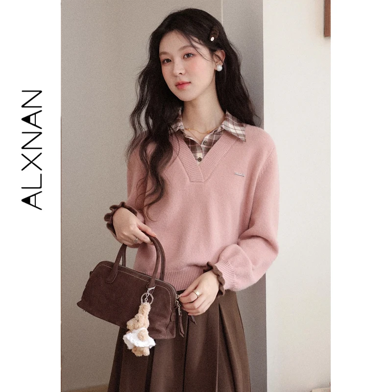 

ALXNAN Pink Knit Sweater Women Fall Winter Long Sleeve Plaid Patchwork Shirt Collar Pullover Casual Warm Chic Jumpers L59521