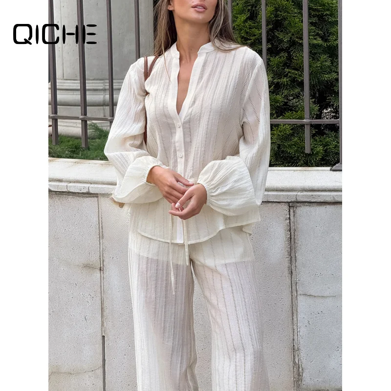 QICHE Women Puff‑Sleeve Stand‑Collar Jacquard Blouse Tie‑Waist High‑Waist Draped Wide‑Leg Pants Two‑Piece Set
