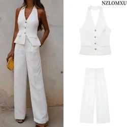 Women 2 Piece Set Halter Neck Single-Breasted Pocket Sleeveless Halter Vest Tops+High Waist Zipper Pockets Wide Leg Pant