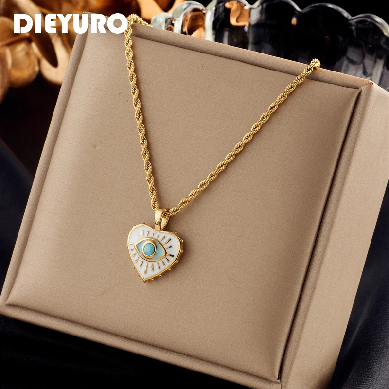 DIEYURO 316L Stainless Steel Heart Enamel Eye Pendant Necklace For Women Vintage Girls Charm Chain Jewelry Party Gifts Collier