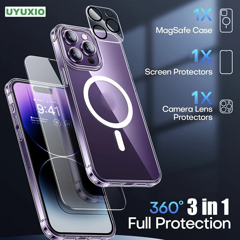 Clear Phone Case with Screen Protector for Magnetic Wireless Charge iPhone 16 15 Pro Max 14 Plus 13 12 Mini 11 Slim Back Cover