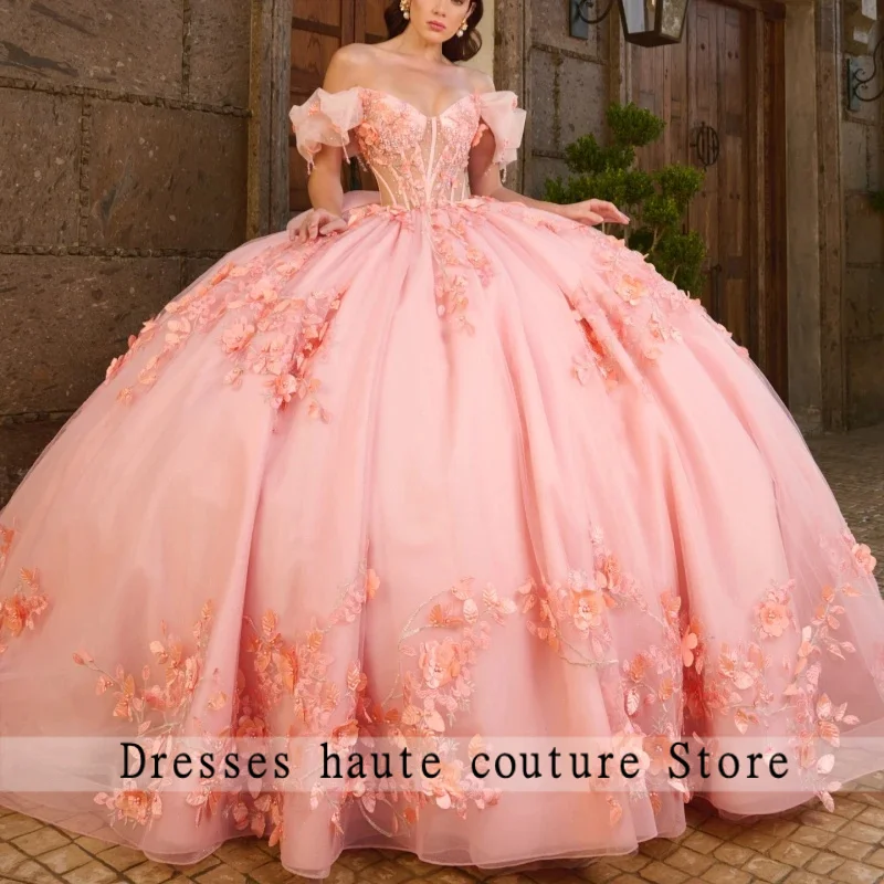 

Pink Quinceanera Dresses Off The Shoulder Applique Flower Beads Bow Tull Party Birthday Sweet 16 Dress Vestidos De 15 Anos
