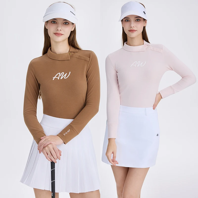 AW Winter Golf Women Warm T-Shirts All-match Long-sleeved Slim Shirt Half-Button Stand Collar Golf Top Thick Velvet Sportswear