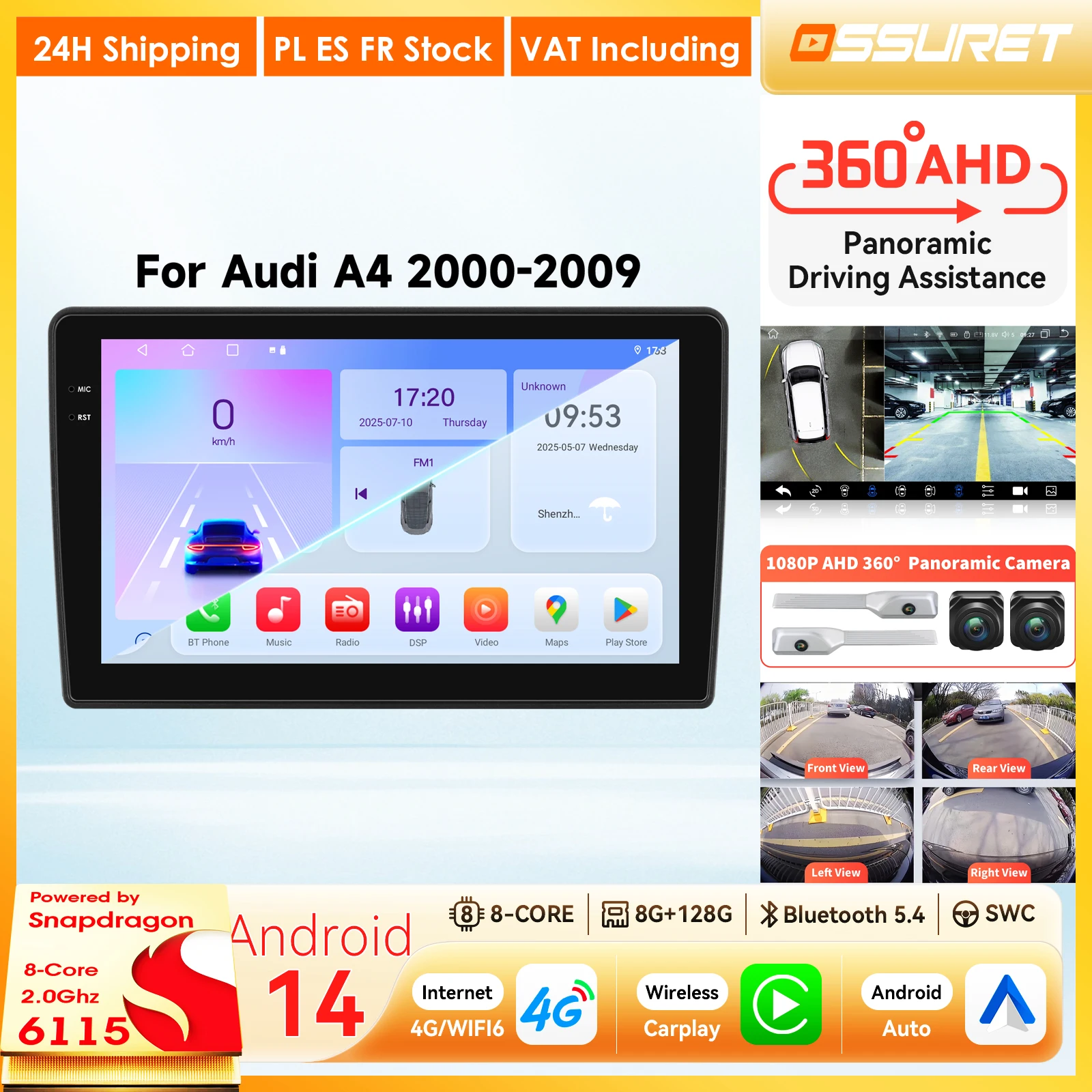 Per Audi A4 2 3 B6 B7 S4 RS4 2000 - 2009 Autoradio CarPlay Android Auto Lettore Multimediale per Auto 2DIN Telecamera 360 Schermo Intelligente 9"